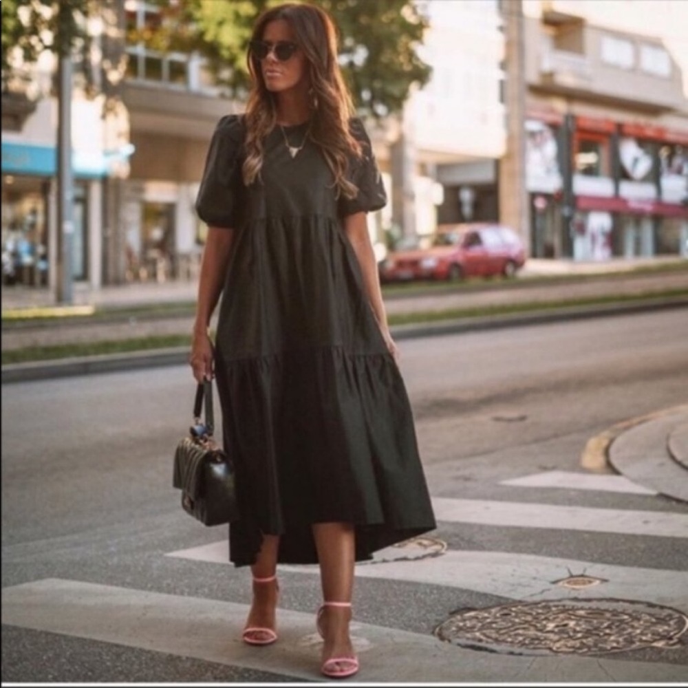 Zara Asymmetric Poplin Midi Dress in Black